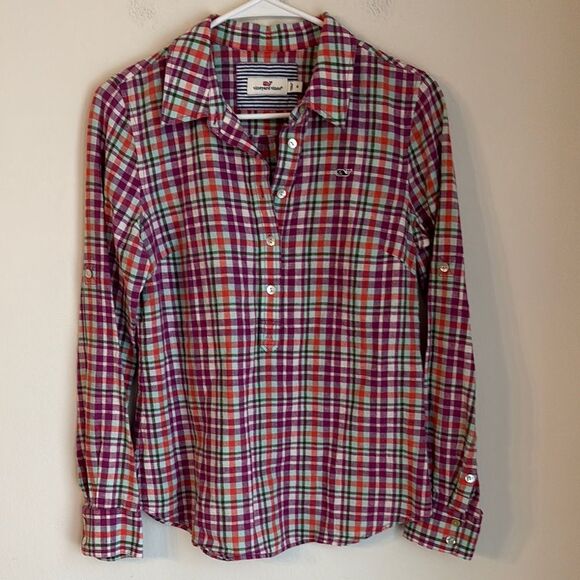 Vineyard Vines Women linen blend summer Plaid Button-Up Shirt work size 4 NWOT - Picture 1 of 9